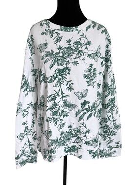 Talbots White Long Sleeve Top with Green Botanical & Butterfly Print